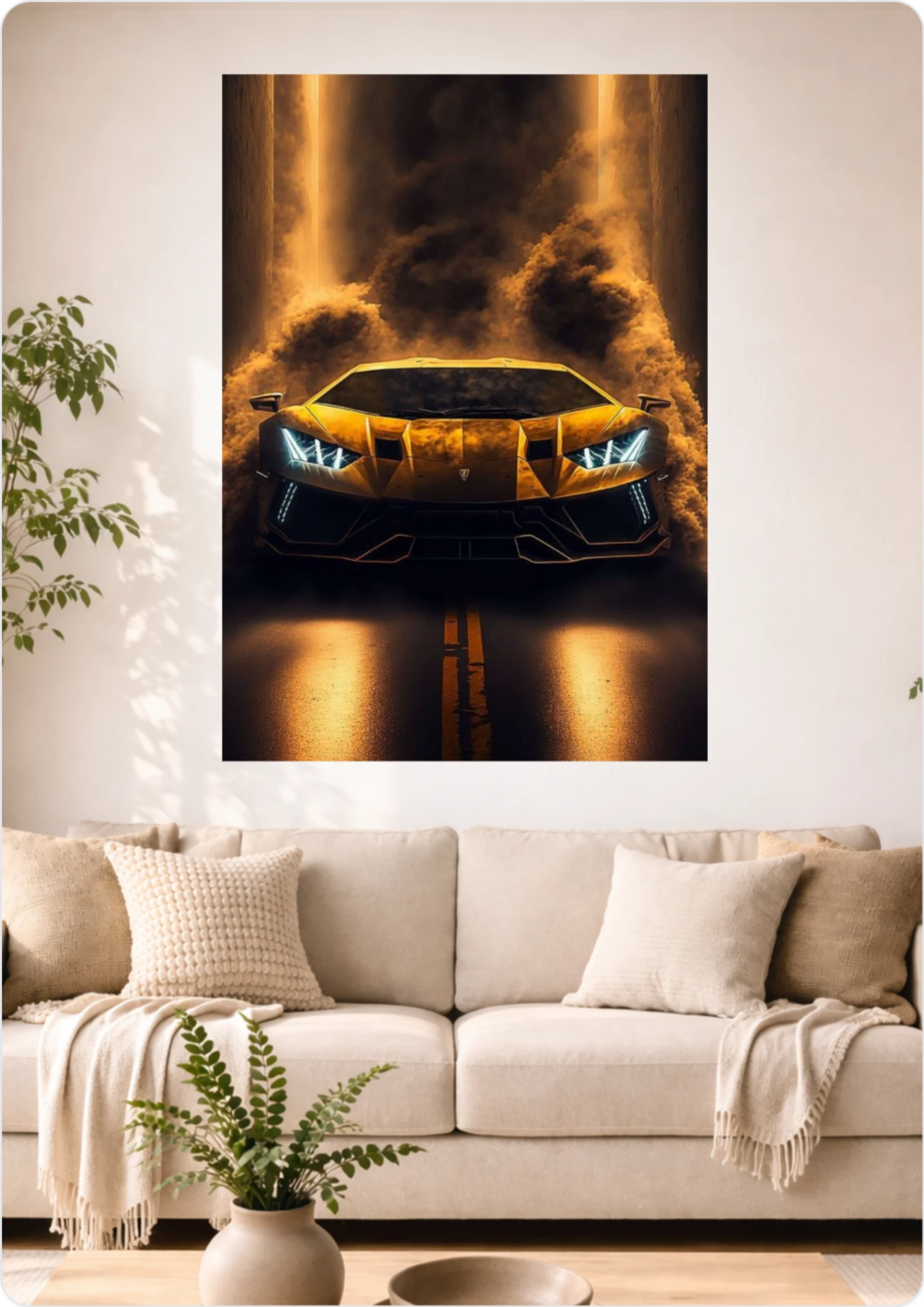 Affiche Supercar Dorée dans la Fumée A3 Sans Cadre – Poster Voiture de Luxe et Ambiance Cinématographique